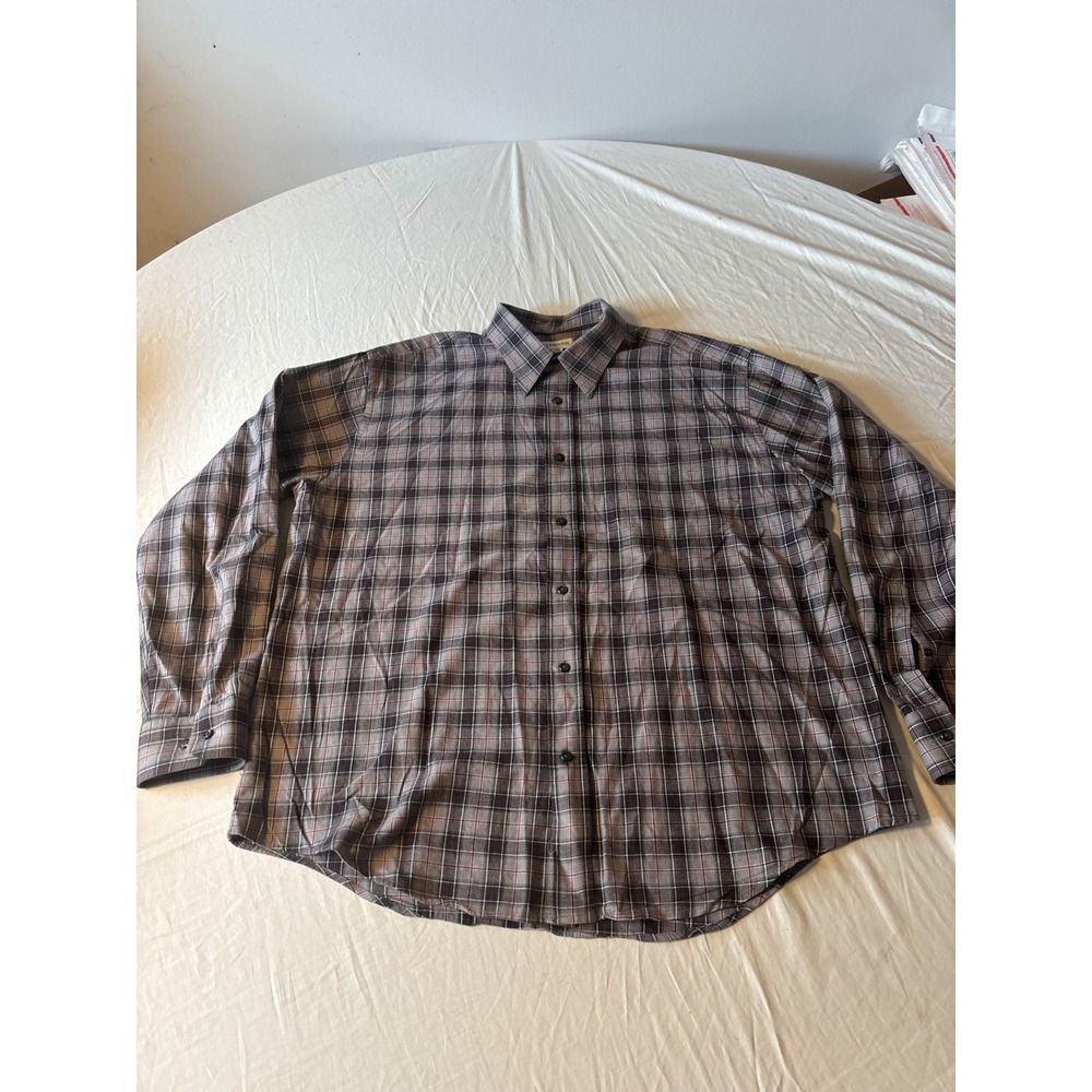 St. Johns Bay Plaid Button Down Shirt Mens XL Grey‎ Black Long Sleeve Excellent